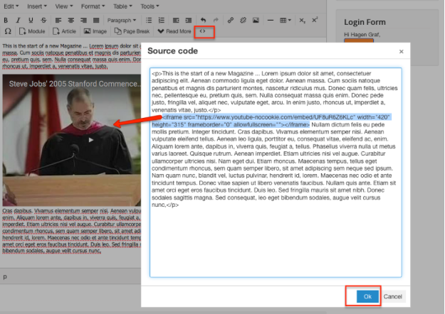 Figure 5: Inserting the iframe code into the article