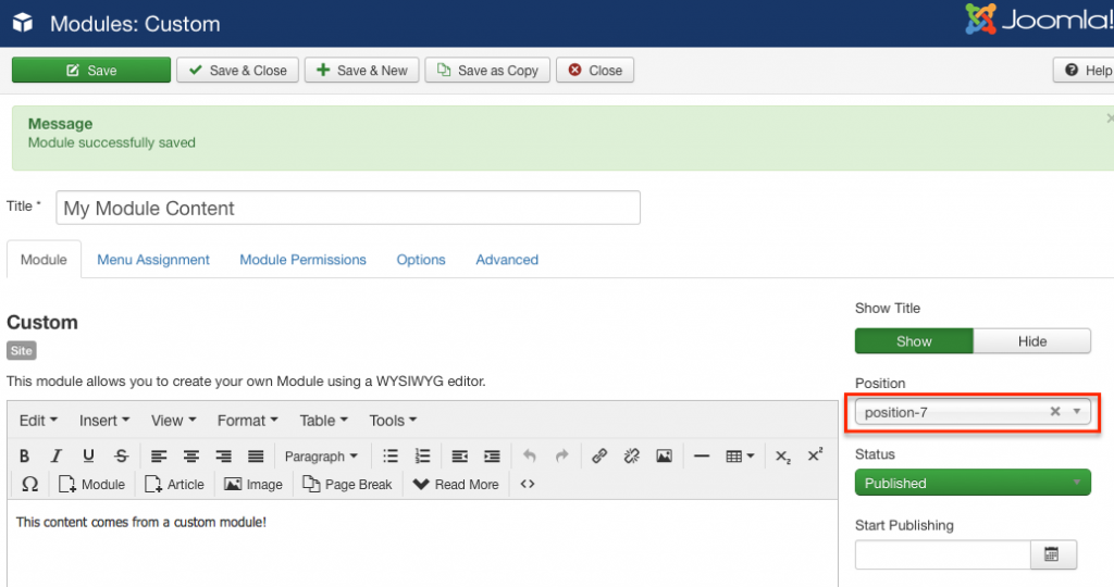 Figure 8: Custom HTML module in control panel